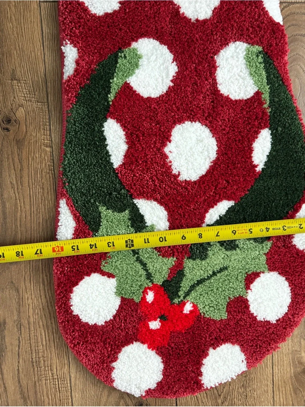 Festive Red Polka Dot Holiday Bath Rug with Holly